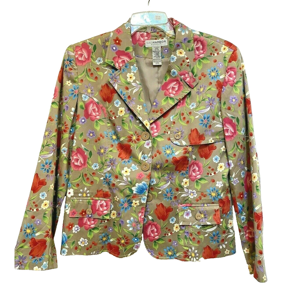 Sag Harbor Plus Size 14 Casual Jacket Blazer Tan Floral Preppy Boss Lady Classic